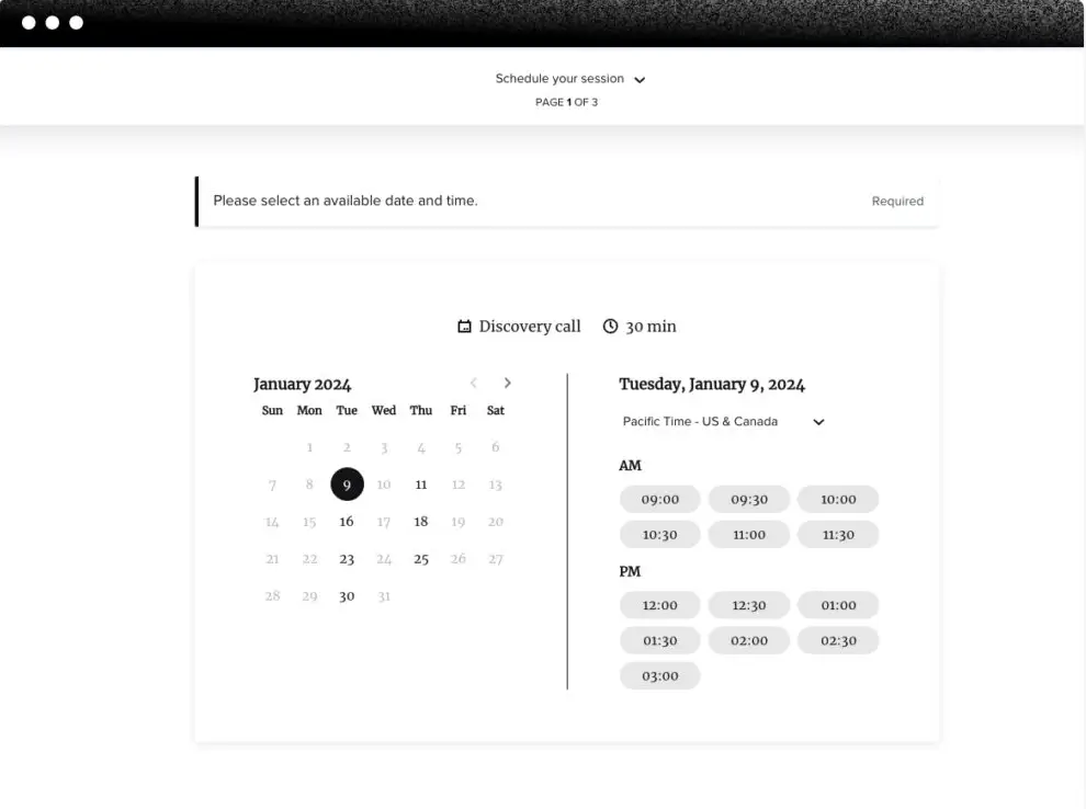 Preview of the booking form