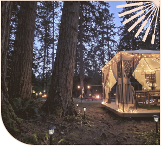 Open canvas pavilion on a deck among tall trees at dusk